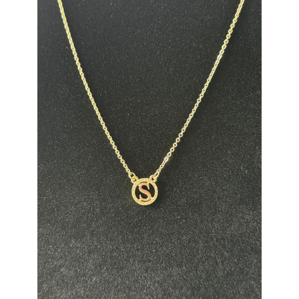 gold tone "S" initial dainty necklace w/ rhinestones